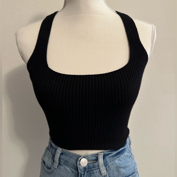 Black Ribbed Crop Top with Cross Back and Tie Size Small - Picture 3 of 9